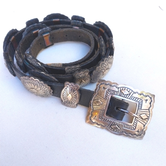 Accessories - Navajo Concho Sterling Silver & Leather belt-marked DM, Jerry Werito